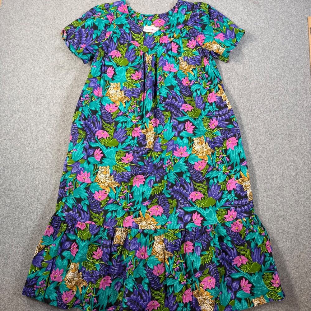 Apostrophe Sleepwear Womens Small MuMu Housedress Tiger Floral Ruffle Hem Vtg